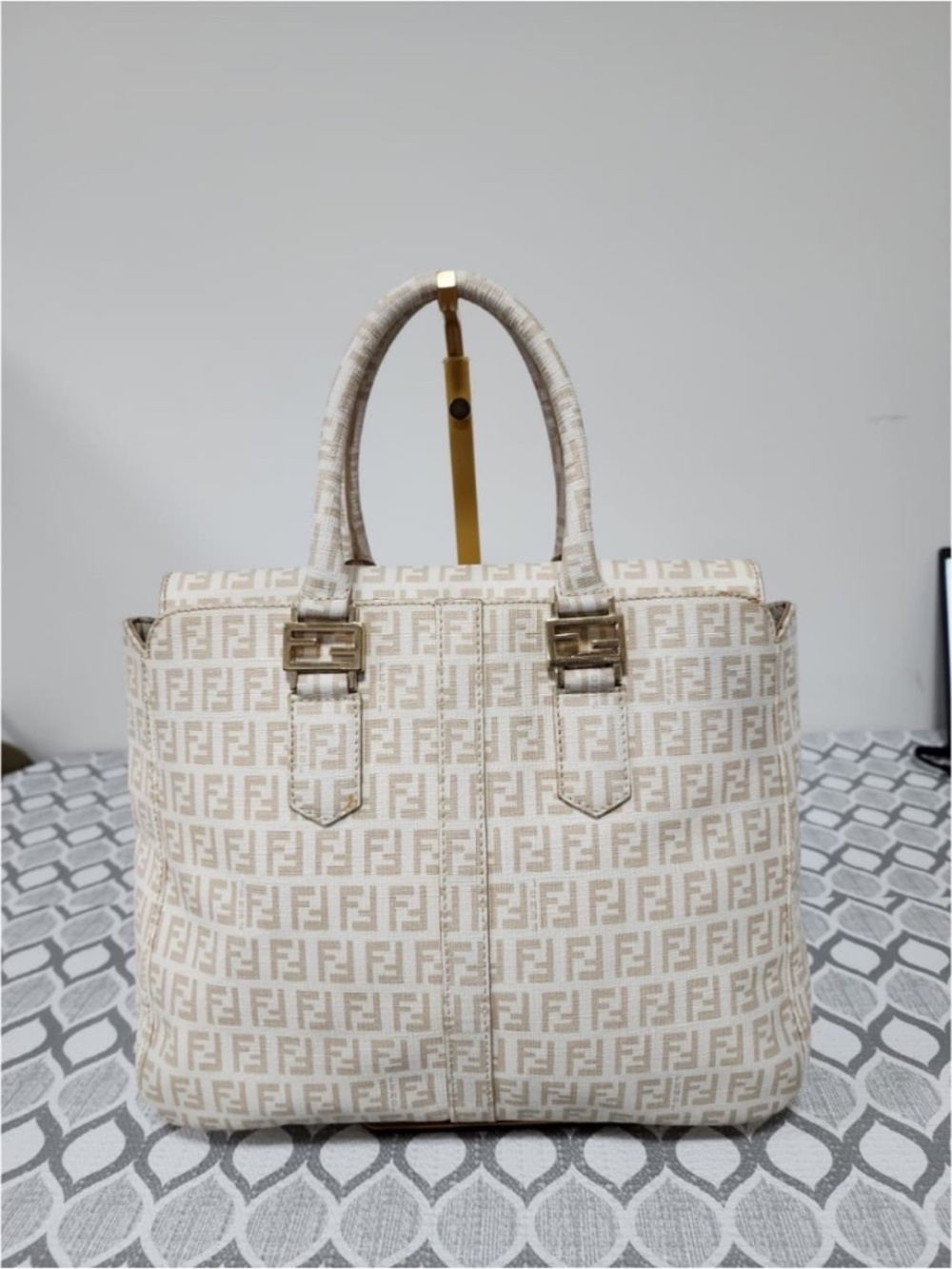 Authentic Fendi Zucchino Coated Canvas FF Handle Tote Bag Beige